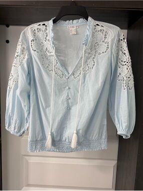 Venus Light Blue Lace-Trim Peasant Blouse Size 6